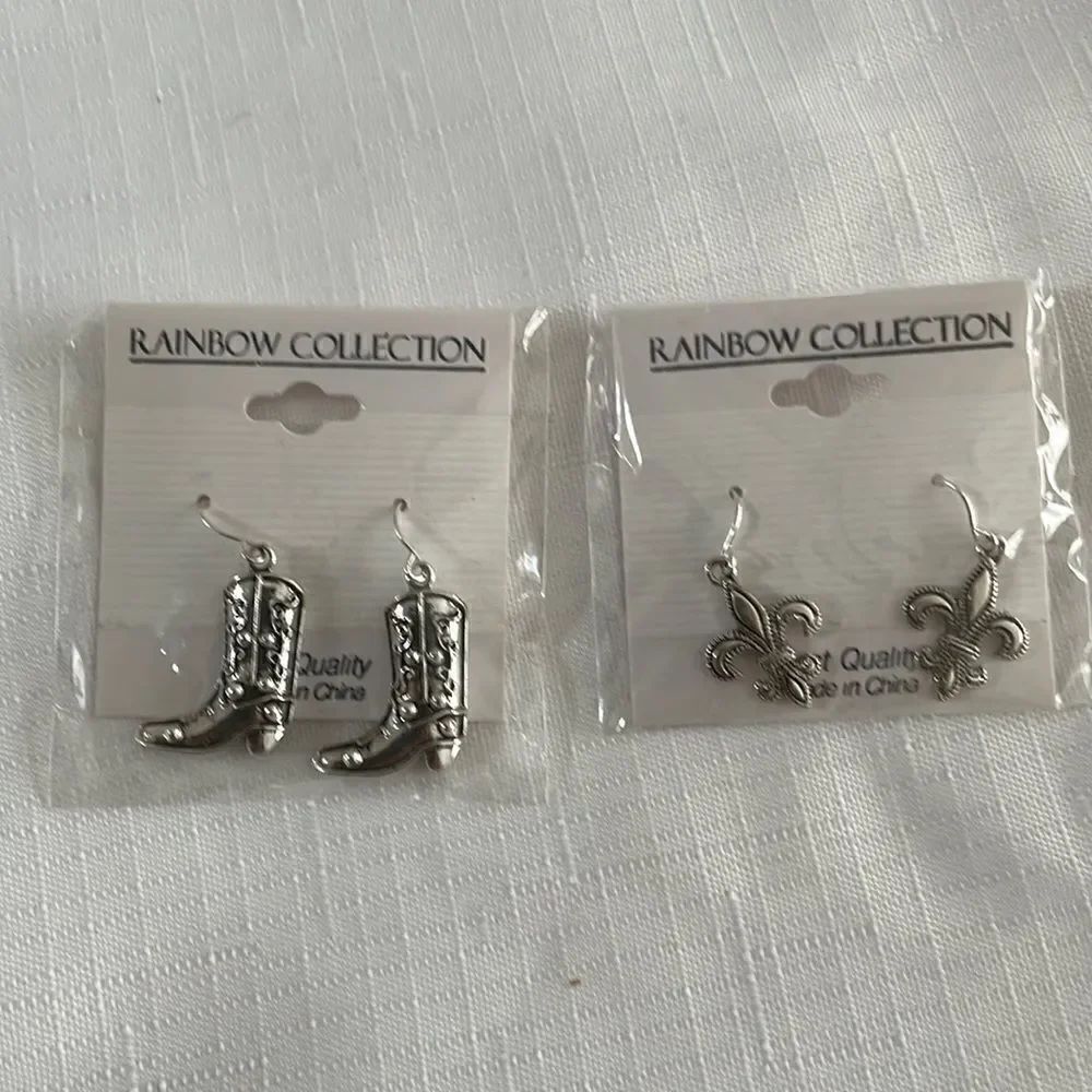 RAINBOW COLLECTION SILVER COWGIRL AND FLEUR DE LIS EARRINGS.  NEW